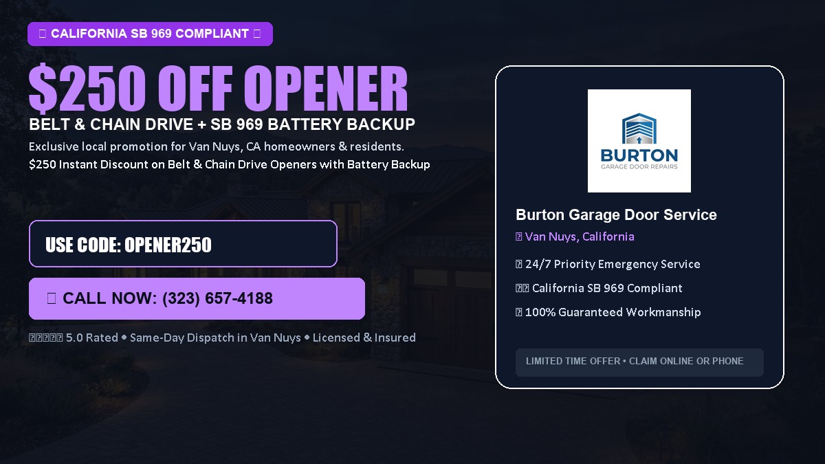 $250 OFF Smart Garage Door Opener Installation (Belt & Chain Drive with California SB 969 Battery Backup) in Van Nuys, CA